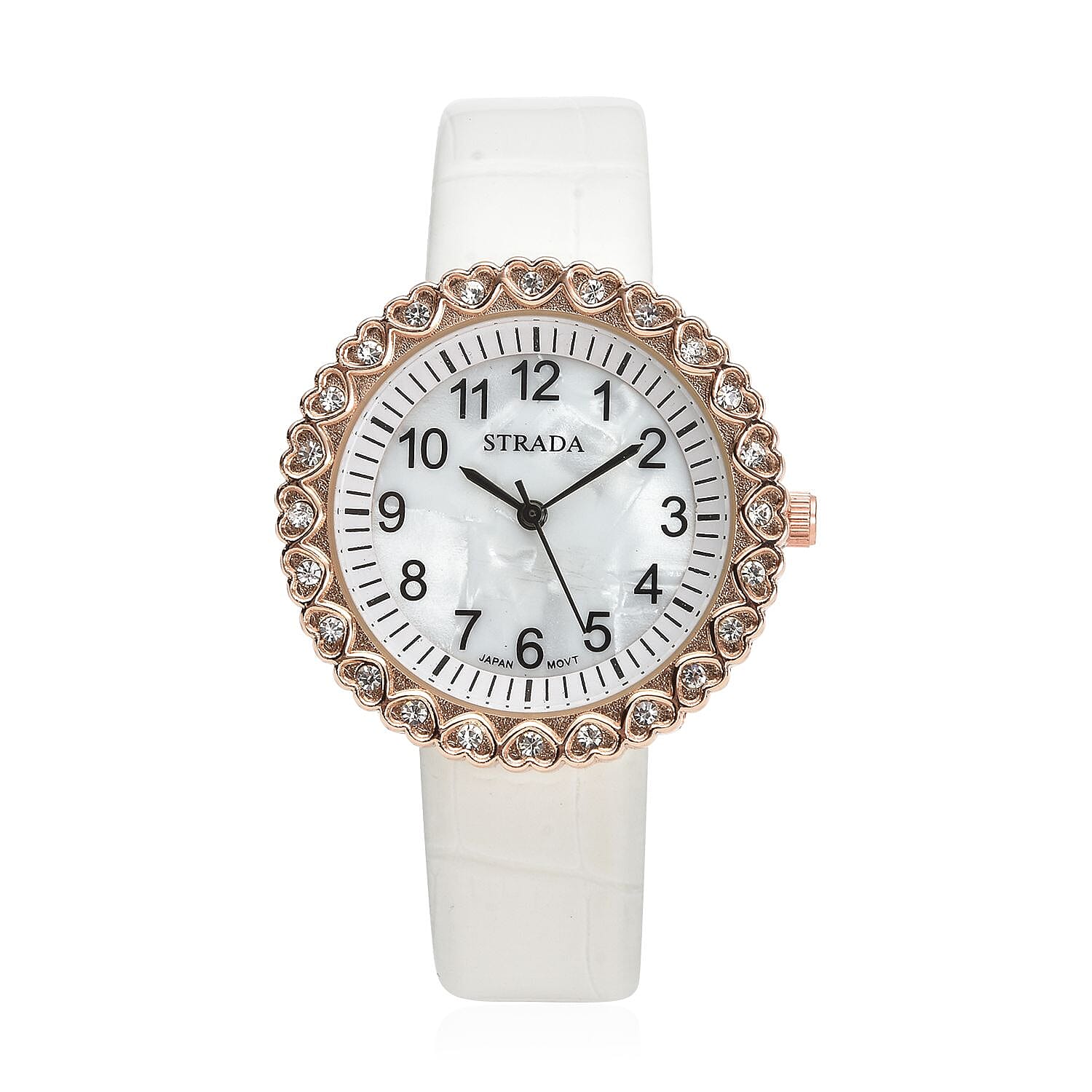 STRADA Austrian Crystal Japanese Movement Watch with White Faux Leather Strap (36mm) (7.0-8.0 Inch)