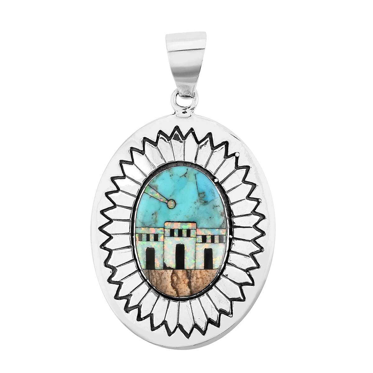 SANTA FE Style Turquoise and Multi Gemstone Pueblo Homes Pendant in Sterling Silver 7.90 Grams 1.25 ctw