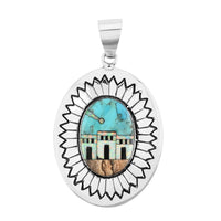 SANTA FE Style Turquoise and Multi Gemstone Pueblo Homes Pendant in Sterling Silver 7.90 Grams 1.25 ctw