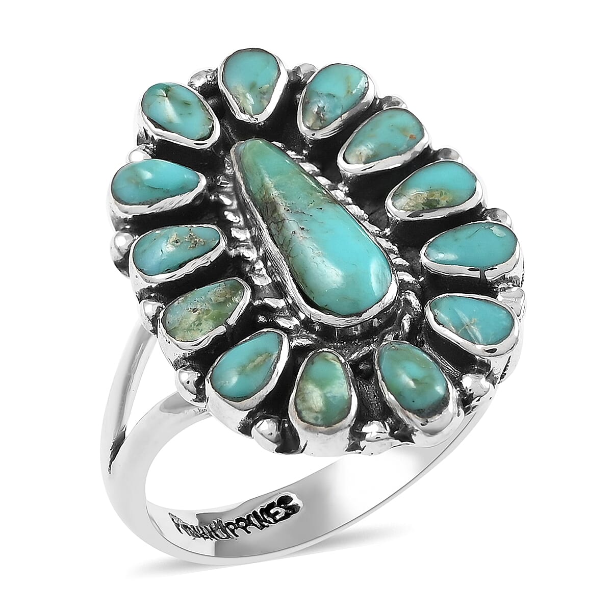 SANTA FE Style Turquoise Elongated Flower Ring in Sterling Silver 2.00 ctw