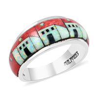 SANTA FE Style Lab Created Opal and Multi Gemstone Pueblo Homes Ring in Sterling Silver 0.50 ctw