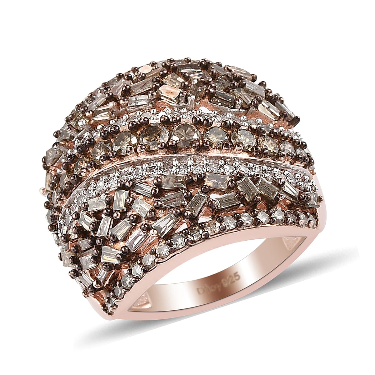 Natural Champagne and White Diamond Ring in Vermeil Rose Gold Over Sterling Silver 7.75 Grams 2.00 ctw