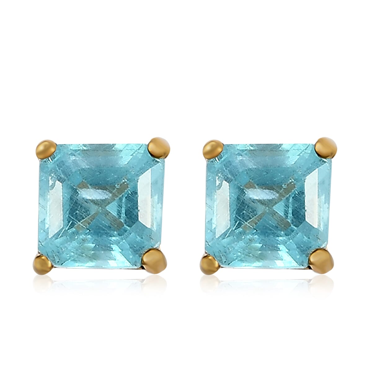 Asscher Cut Madagascar Paraiba Apatite Solitaire Stud Earrings in 14K Yellow Gold Over Sterling Silver 1.35 ctw