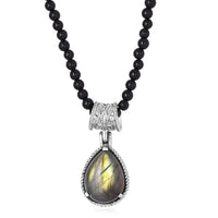 Malagasy Labradorite Solitaire Pendant with Black Agate Beaded Necklace 20 Inches in Stainless Steel 73.75 ctw