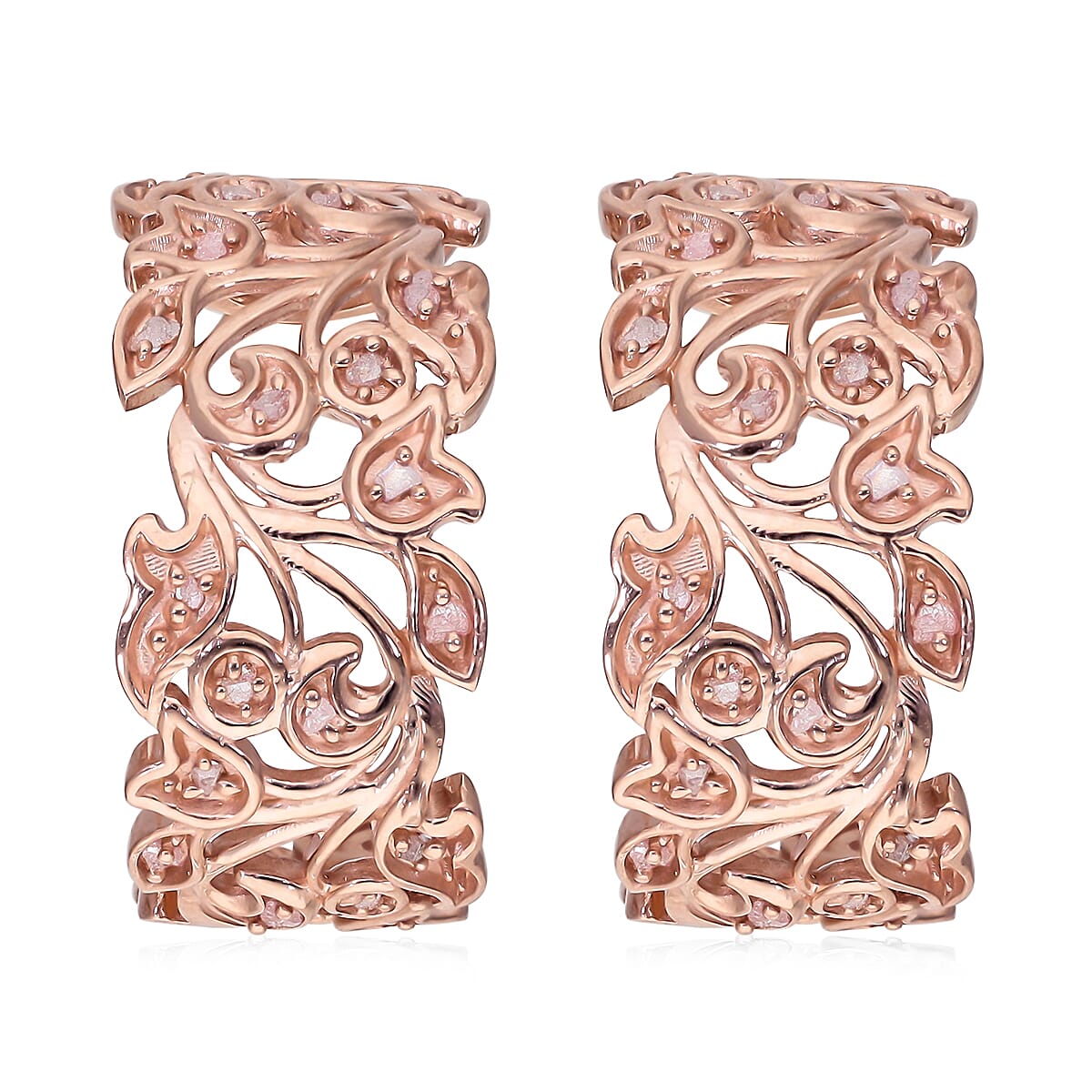 Uncut Natural Pink Diamond Floral J-Hoop Earrings in Vermeil Rose Gold Over Sterling Silver 0.25 ctw