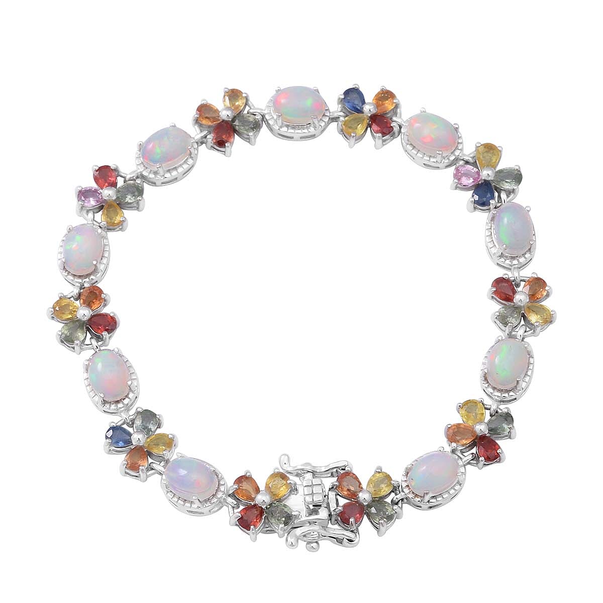 Ethiopian Welo Opal and Multi Sapphire Bracelet in Platinum Over Sterling Silver (8.00 In) 13.65 Grams 14.90 ctw