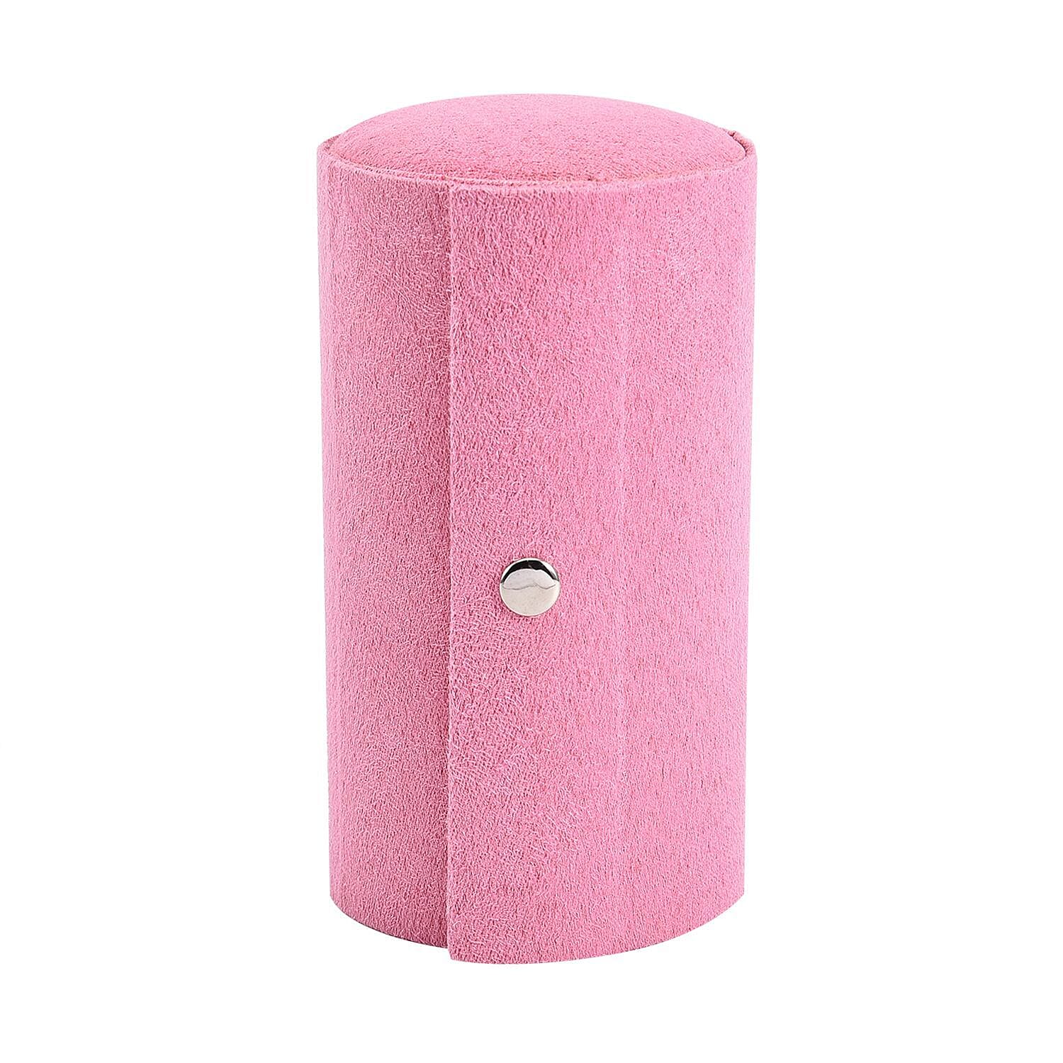 Pink Velvet Three Layer Cylinder Shape Jewelry Box with Top Cap and Snap Button Closure (5.1"x3"x3")
