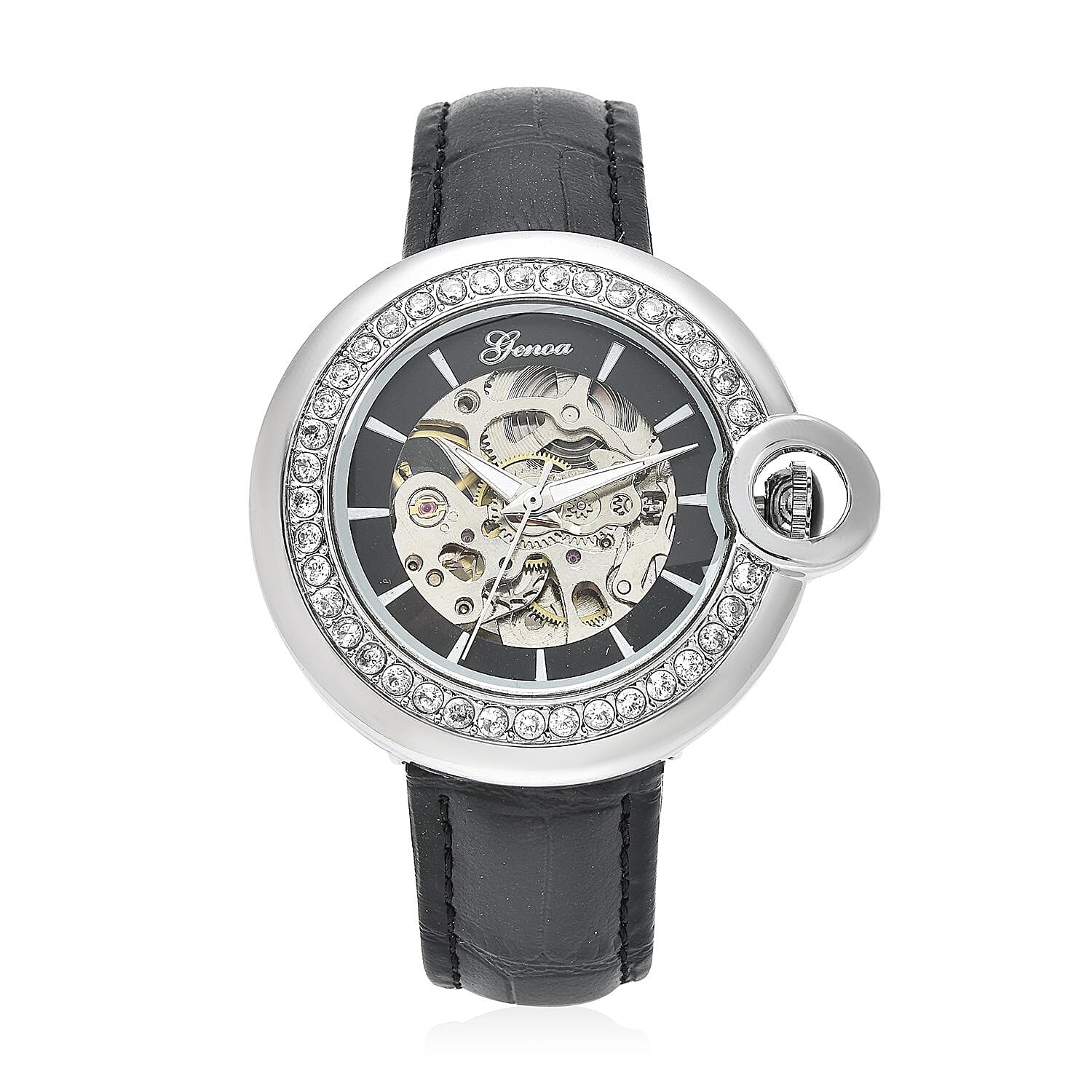 GENOA Simulated Diamond Automatic Mechanical Movement Watch with Black Genuine Leather Strap (40mm) (7.25-8.25 Inches) 1.10 ctw