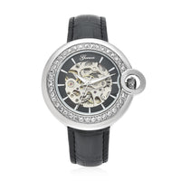 GENOA Simulated Diamond Automatic Mechanical Movement Watch with Black Genuine Leather Strap (40mm) (7.25-8.25 Inches) 1.10 ctw