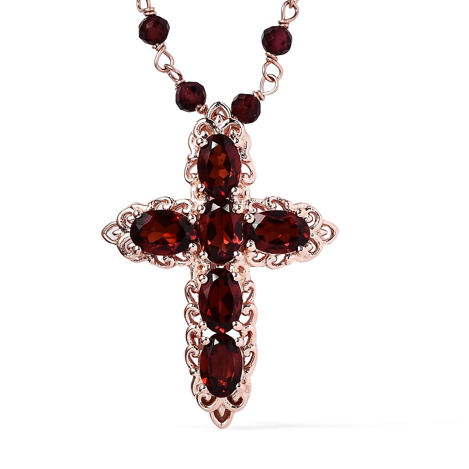 KARIS Mozambique Garnet Cross Necklace 18 Inches in ION Plated 18K Rose Gold 27.00 ctw