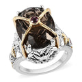 Columbianite Carved and Orissa Rhodolite Garnet Fancy Ring in Vermeil Yellow Gold and Platinum Over Sterling Silver (Size 10.0) 8.10 ctw - Sticky add to cart bar