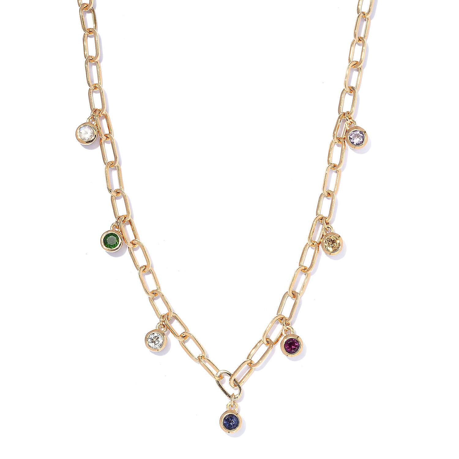Multi Gemstone Station Necklace 18 Inches in Vermeil Yellow Gold Over Sterling Silver 1.85 ctw