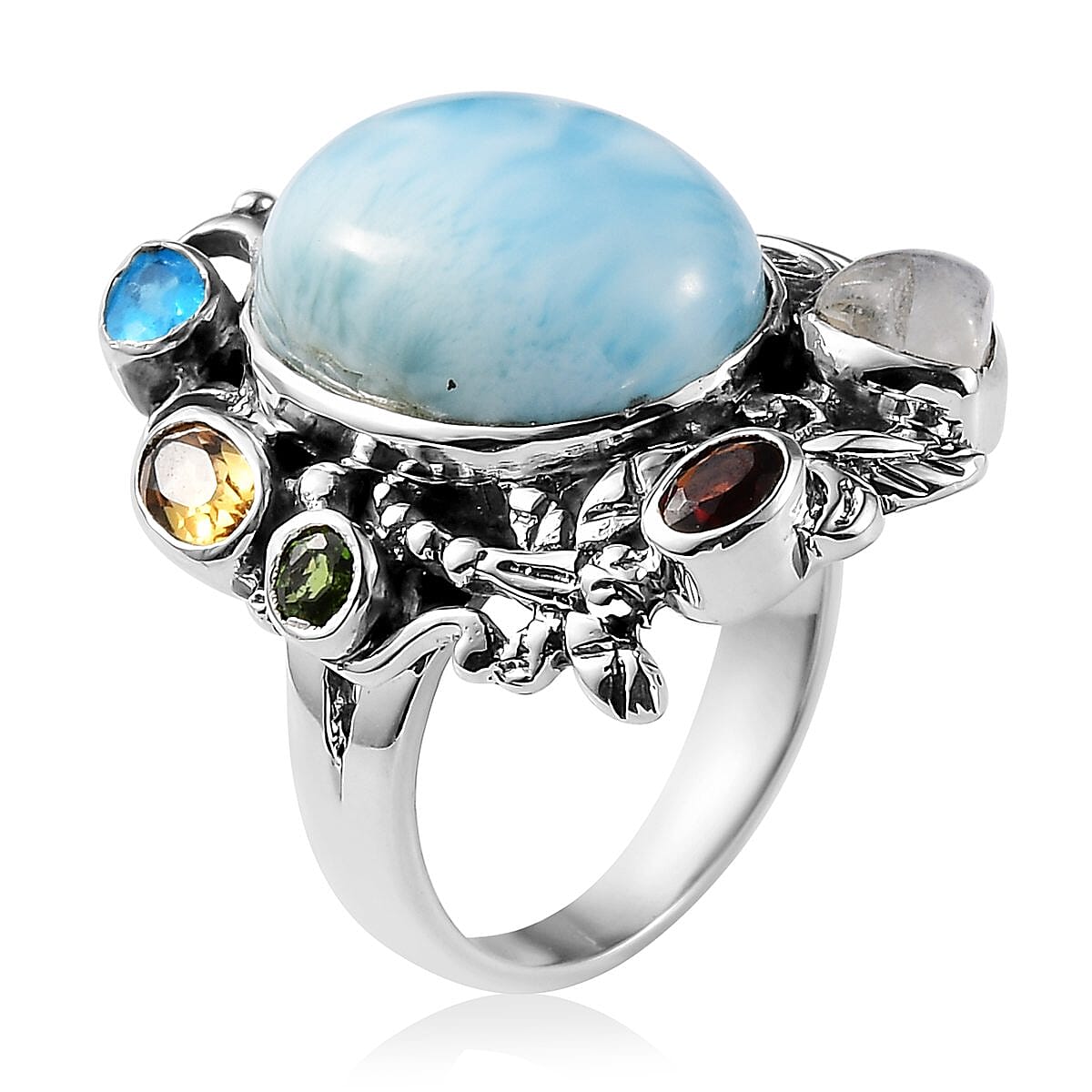 Artisan Crafted Larimar and Multi Gemstone Fancy Ring in Sterling Silver (Size 10.0) 7.40 Grams 11.15 ctw