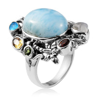 Artisan Crafted Larimar and Multi Gemstone Fancy Ring in Sterling Silver (Size 10.0) 7.40 Grams 11.15 ctw