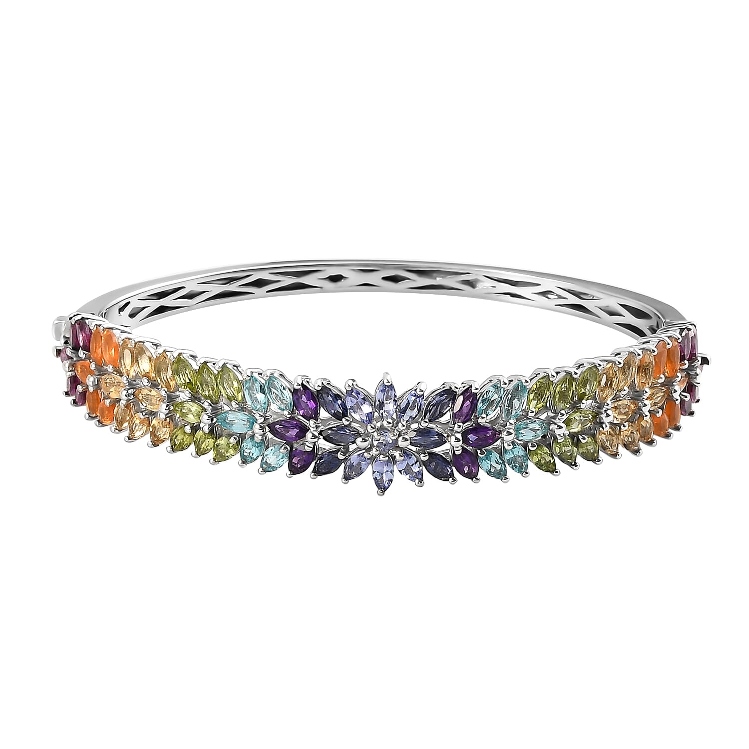 Multi Gemstone Floral Spray Bangle Bracelet in Platinum Over Sterling Silver (7.25 In) 22.40 Grams 11.30 ctw
