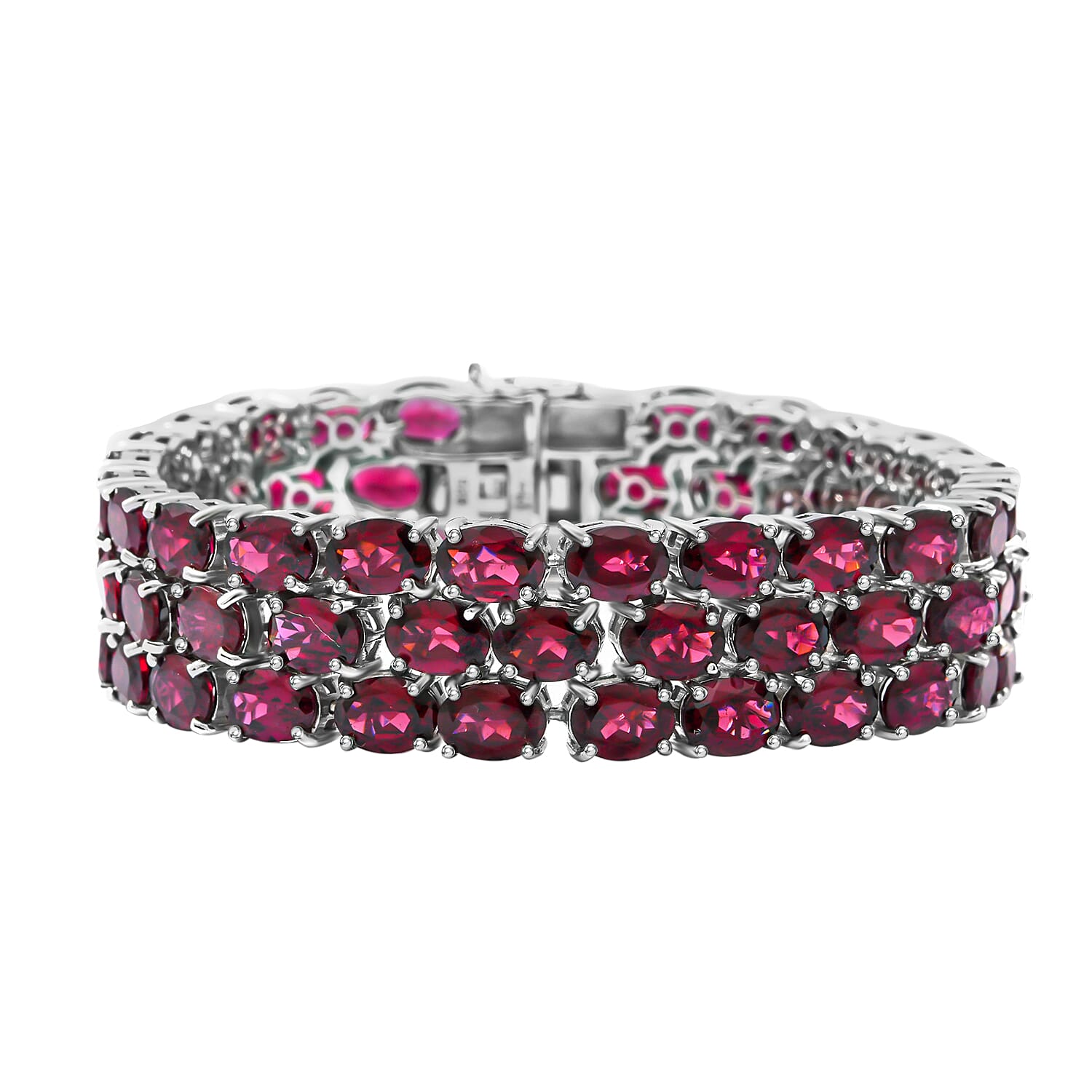 Orissa Rhodolite Garnet Three Row Bracelet in Sterling Silver (8.00 In) 29 Grams 70.00 ctw