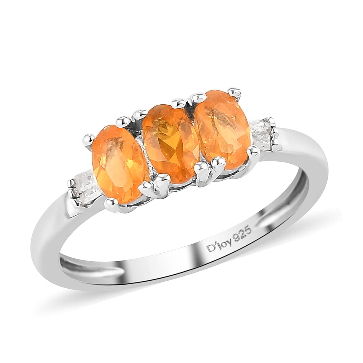 Jalisco Fire Opal and Diamond 3 Stone Ring in Platinum Over Sterling Silver (Size 9.0) 0.50 ctw