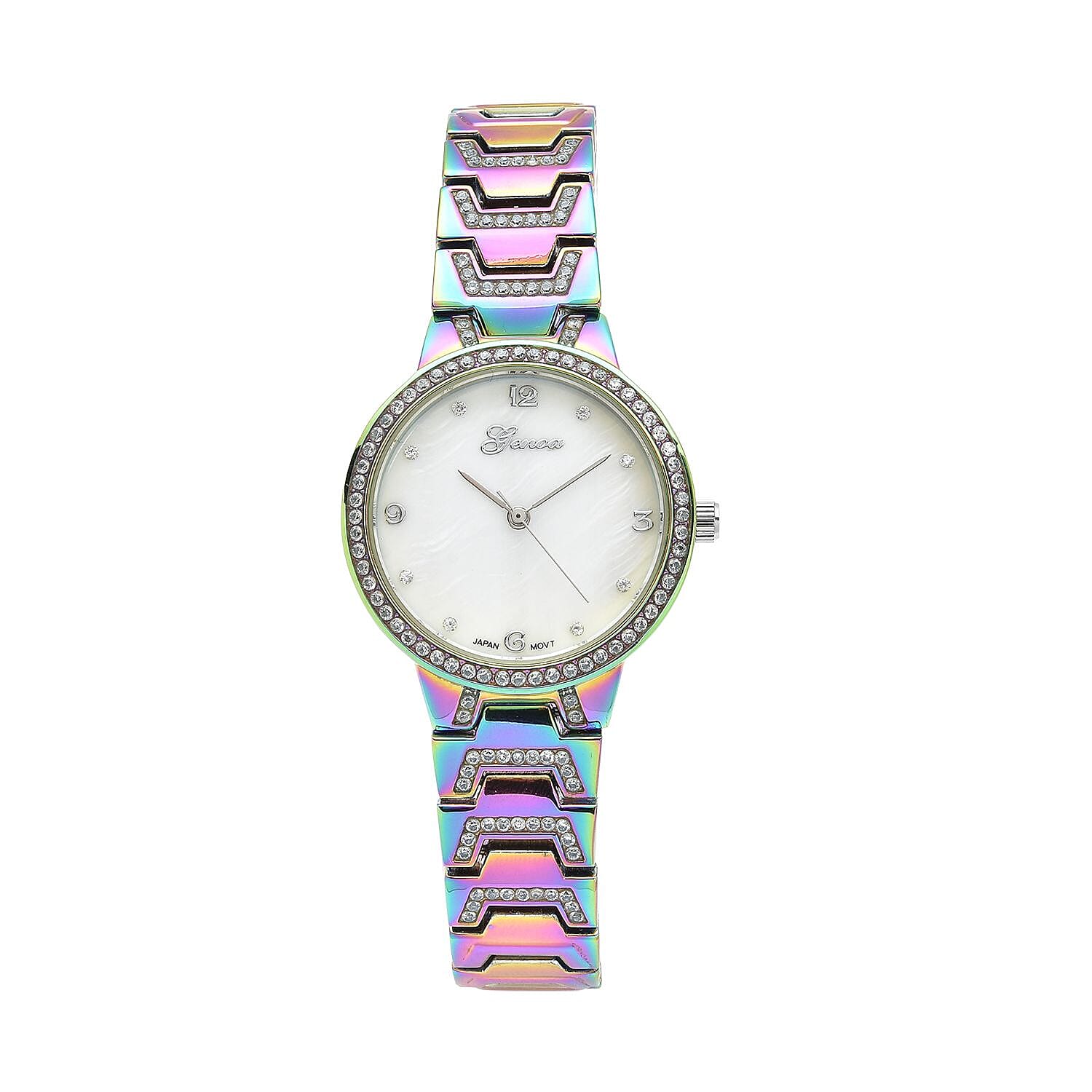 STRADA Simulated Diamond Japanese Movement Bracelet Watch in Silvertone (32mm) (5.50-7.25 Inch) 0.80 ctw