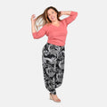 TAMSY Black and Beige Leaves Print Pattern Trousers - One Size Missy - Sticky add to cart bar