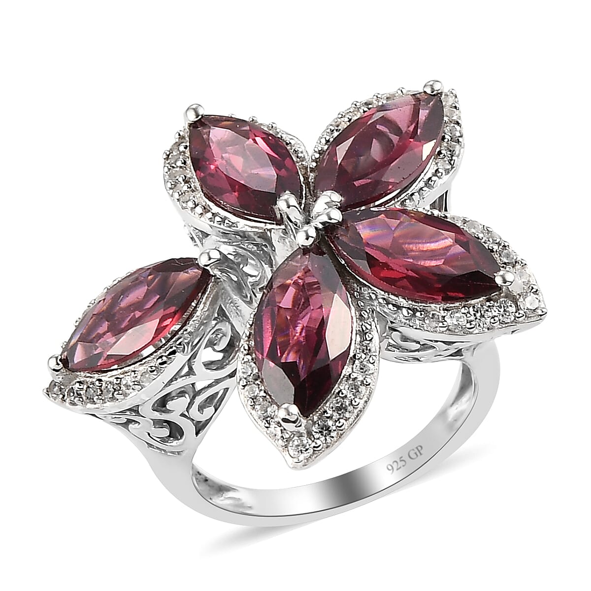 GP Italian Garden Collection Orissa Rhodolite Garnet and Natural White Zircon Bypass Floral Ring in Platinum Over Sterling Silver (Size 10.0)