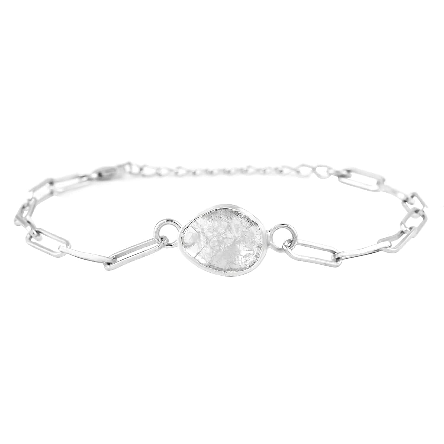 Polki Diamond Paper Clip Chain Bracelet in Rhodium Over Sterling Silver (7.00 In) 1.00 ctw