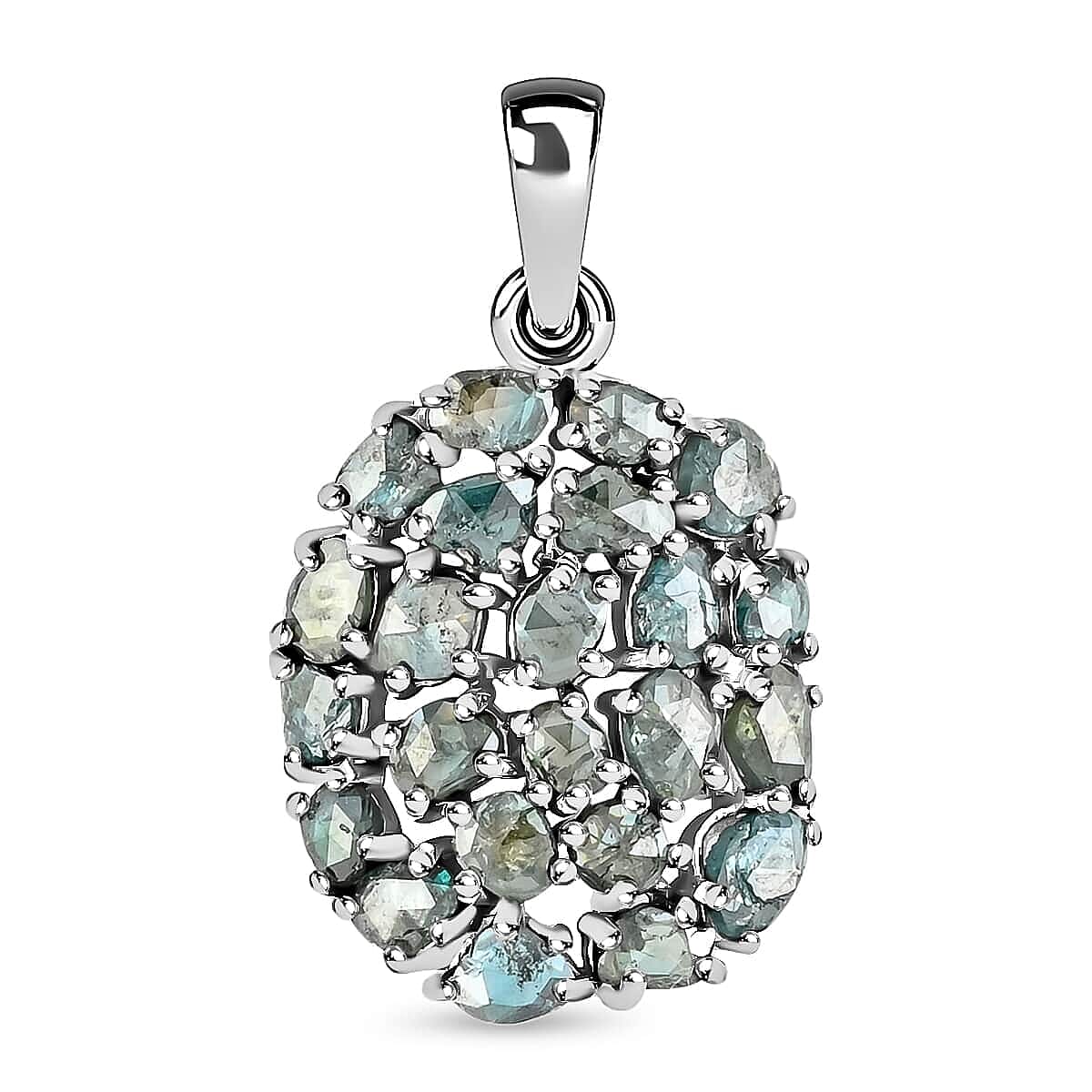 Rose Cut Blue Diamond Pendant in Rhodium Over Sterling Silver 2.50 ctw