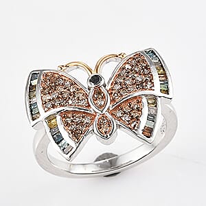 GP Italian Garden Collection Multi Diamond Butterfly Ring in Vermeil Yellow Gold and Platinum Over Sterling Silver (Size 10.0) 0.50 ctw