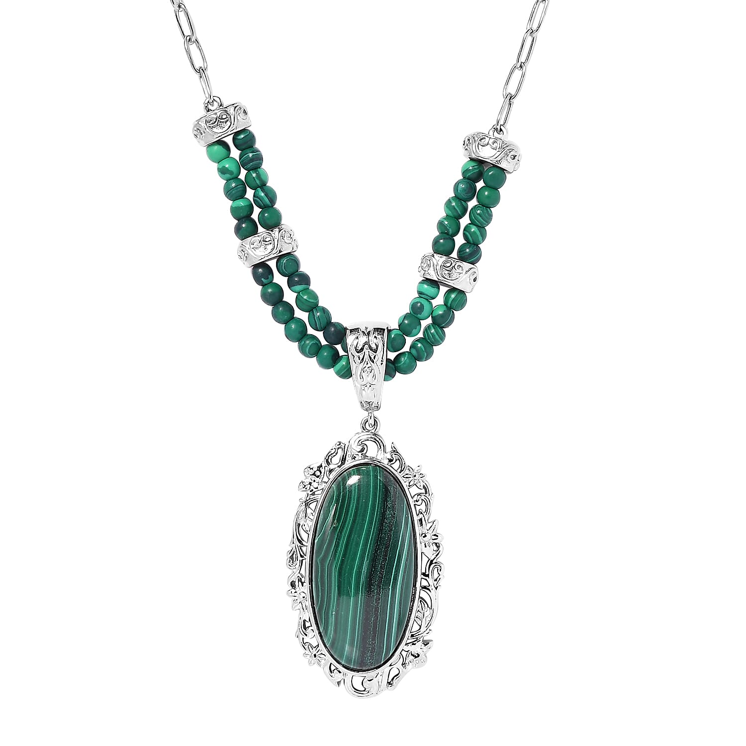 TLV African Malachite Necklace (18 Inches) in Platinum Over Copper 39.15 ctw