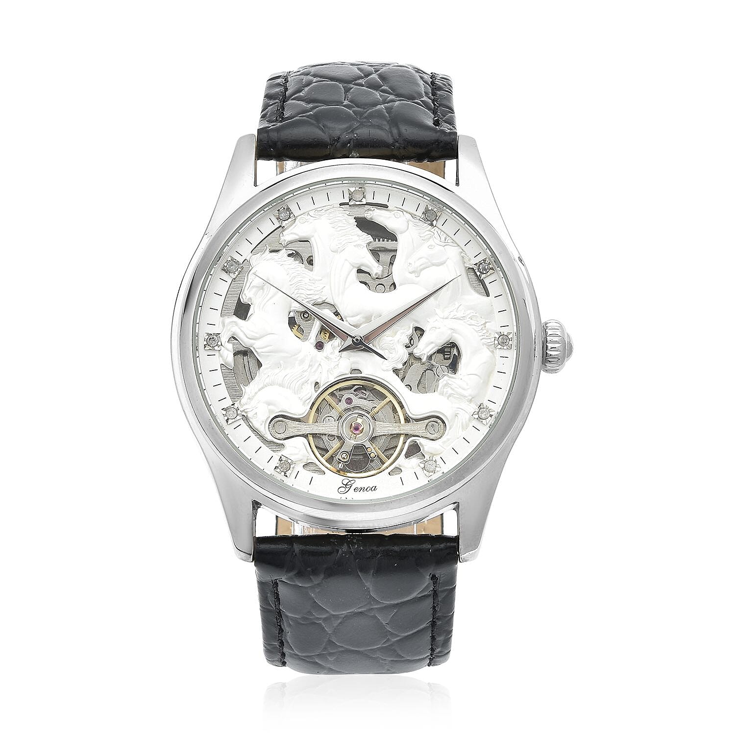 Genoa Diamond Automatic Mechanical Movement Horse Pattern Dial Watch with Black Genuine Leather (44.2mm) (7.75-9.0Inches) 0.10 ctw