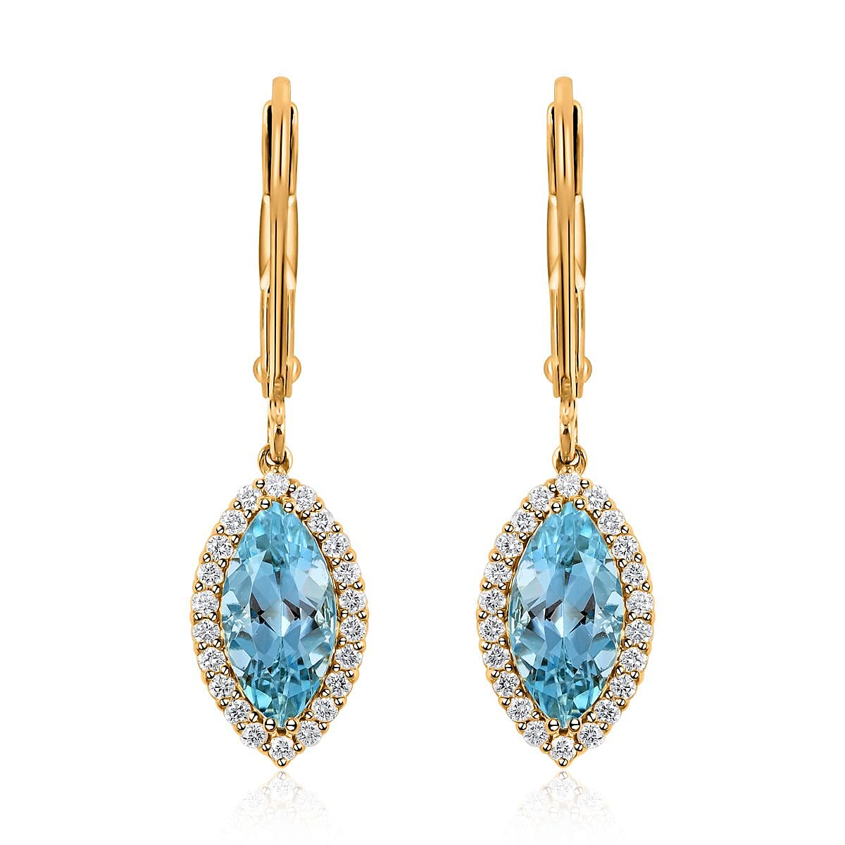 Certified and Appraised  Iliana 18K Yellow Gold AAA Santa Maria Aquamarine and G-H SI Diamond Lever Back Earrings 2.15 ctw