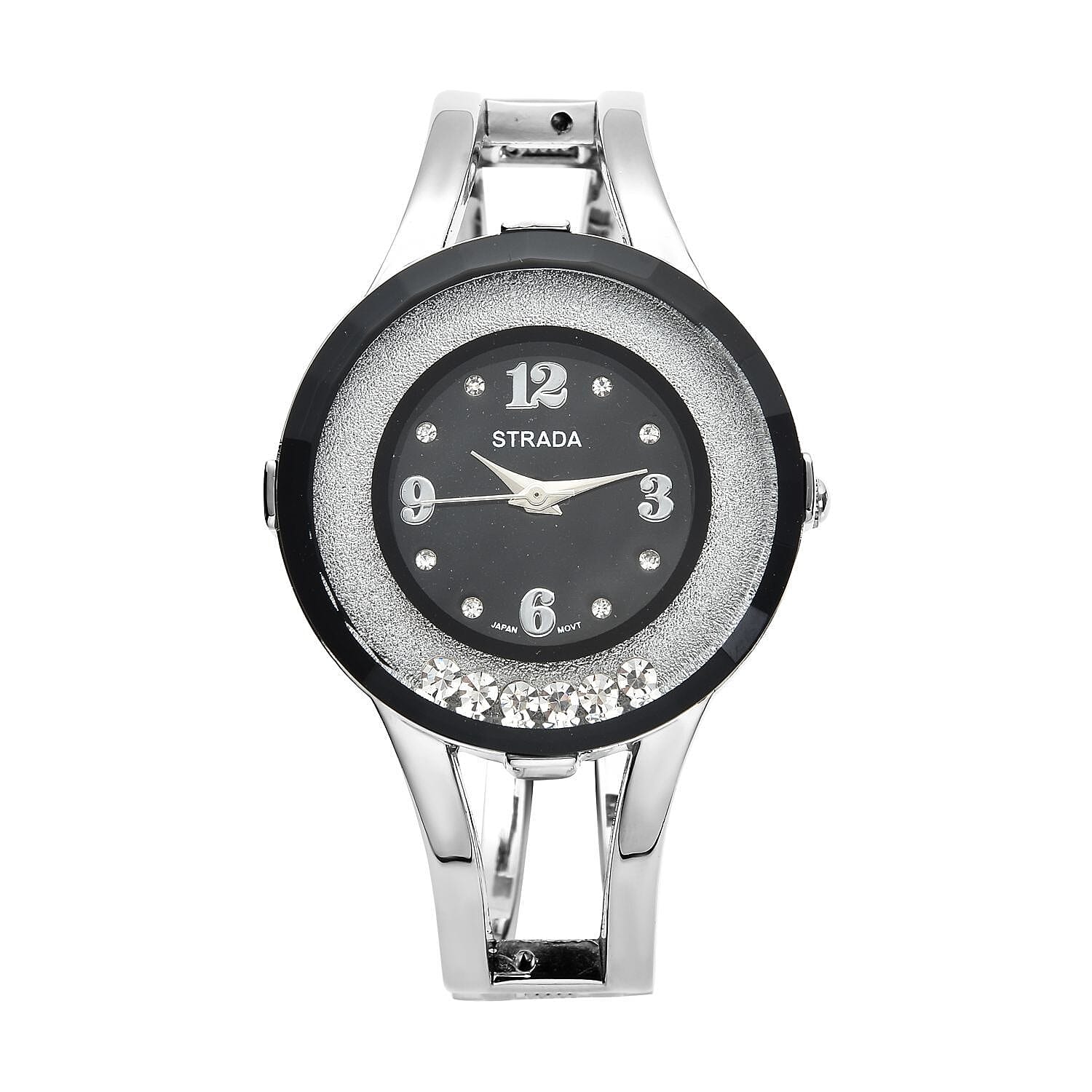 STRADA Austrian Crystal Japanese Movement Black Dial Watch with Silvertone Strap (32mm)
