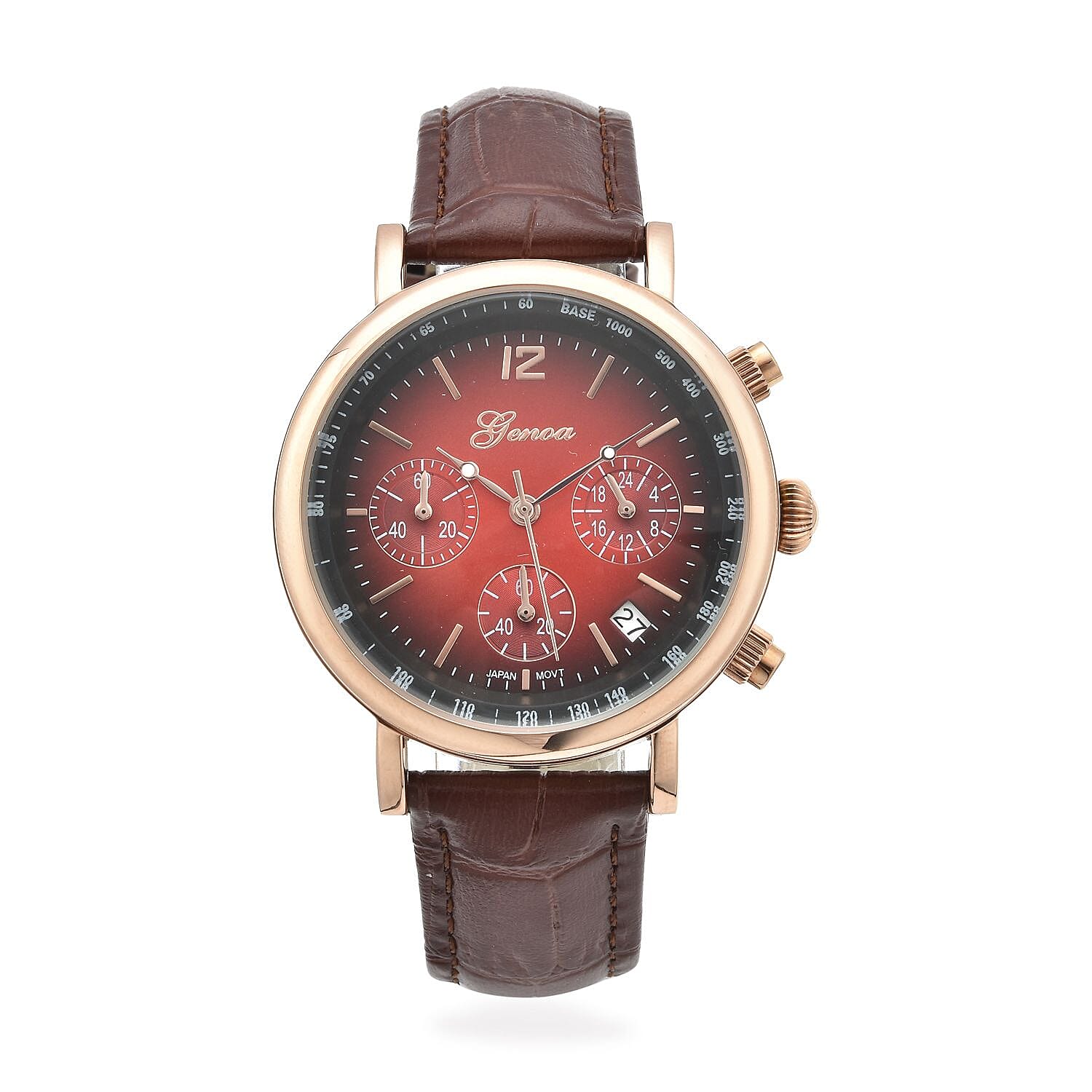 GENOA Japanese Movement Multi Functional Chronographic Dial Watch with Brown Leather Strap (38mm) (7.-8.5Inch)