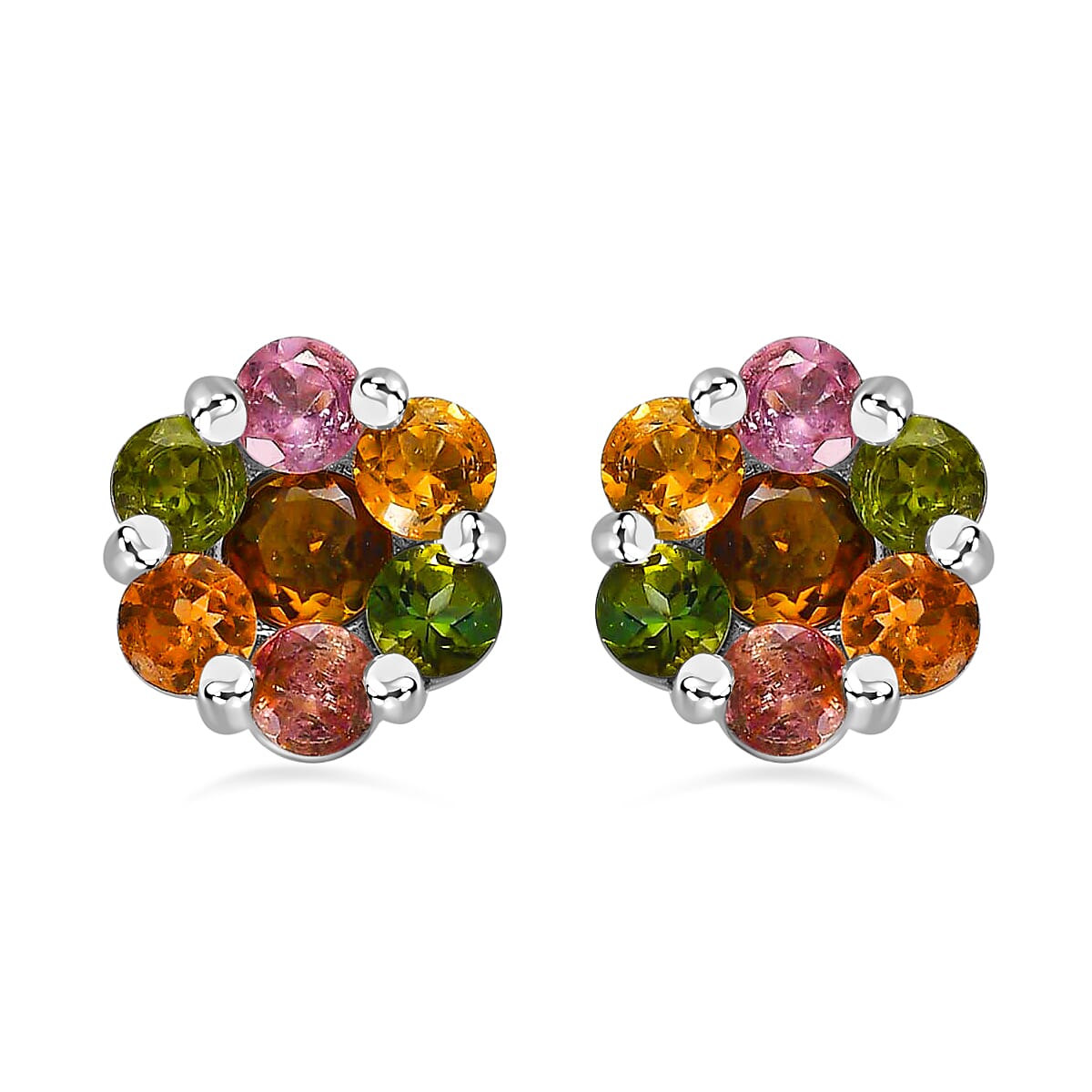 Multi Tourmaline Floral Stud Earrings in Platinum Over Sterling Silver 1.75 ctw