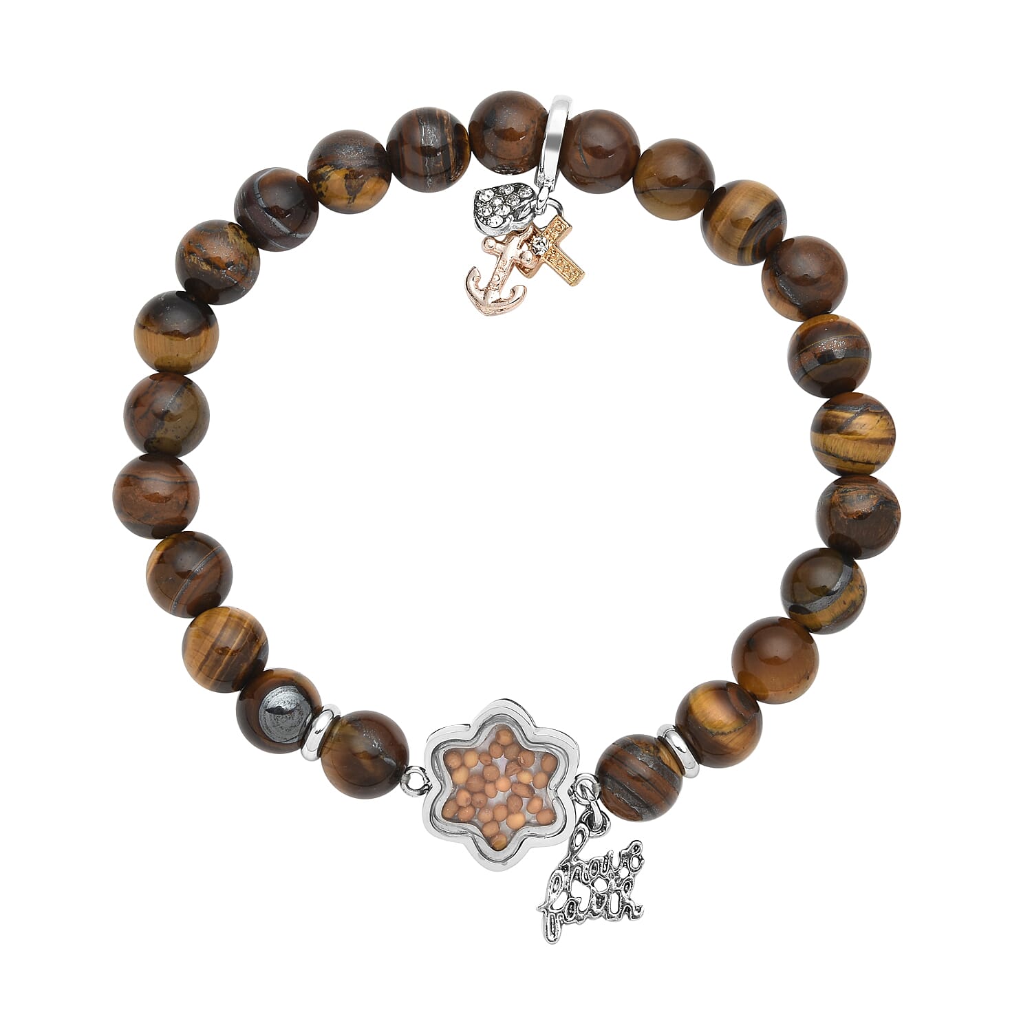 Amazonite and Austrian Crystal Beaded Stretch Bracelet with Have Faith & Three Shaped Charms in Silvertone & Stainless Steel 102.00 ctw (1)