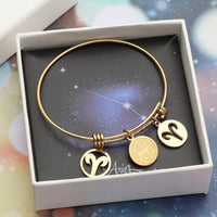 Aries Zodiac Bangle Bracelet in ION Plated YG Stainless Steel (6-9 in)