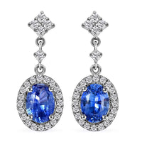 Certified and Appraised Iliana 18K White Gold AAA Royal Ceylon Sapphire and G-H SI Diamond Halo Dangle Earrings 2.20 ctw