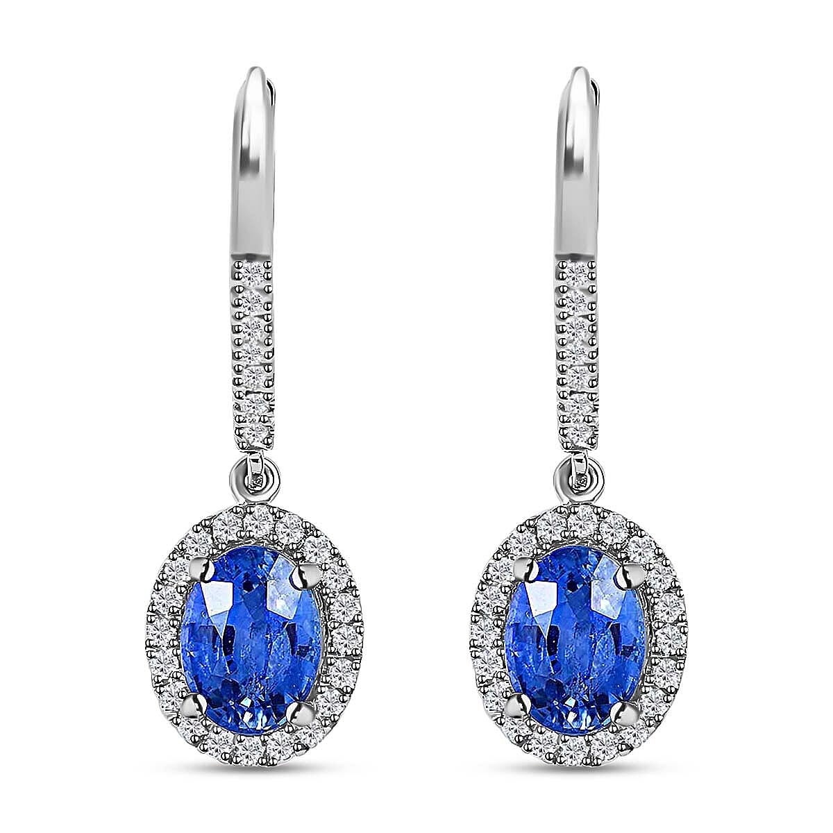 Certified & Appraised Iliana 18K White Gold AAA Ceylon Sapphire and G-H SI Diamond Halo Dangle Earrings 2.15 ctw