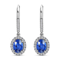 Certified & Appraised Iliana 18K White Gold AAA Ceylon Sapphire and G-H SI Diamond Halo Dangle Earrings 2.15 ctw