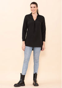 TAMSY Black Micro Collared with Sleeve Top -L
