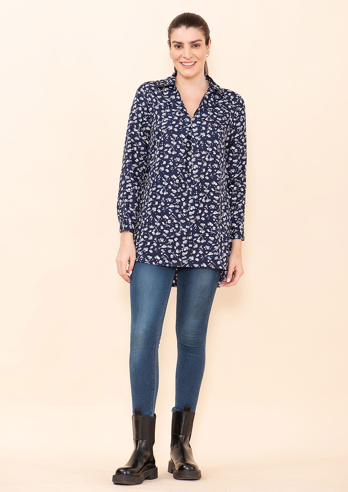 TAMSY Blue Micro Collared with Sleeve Top -L