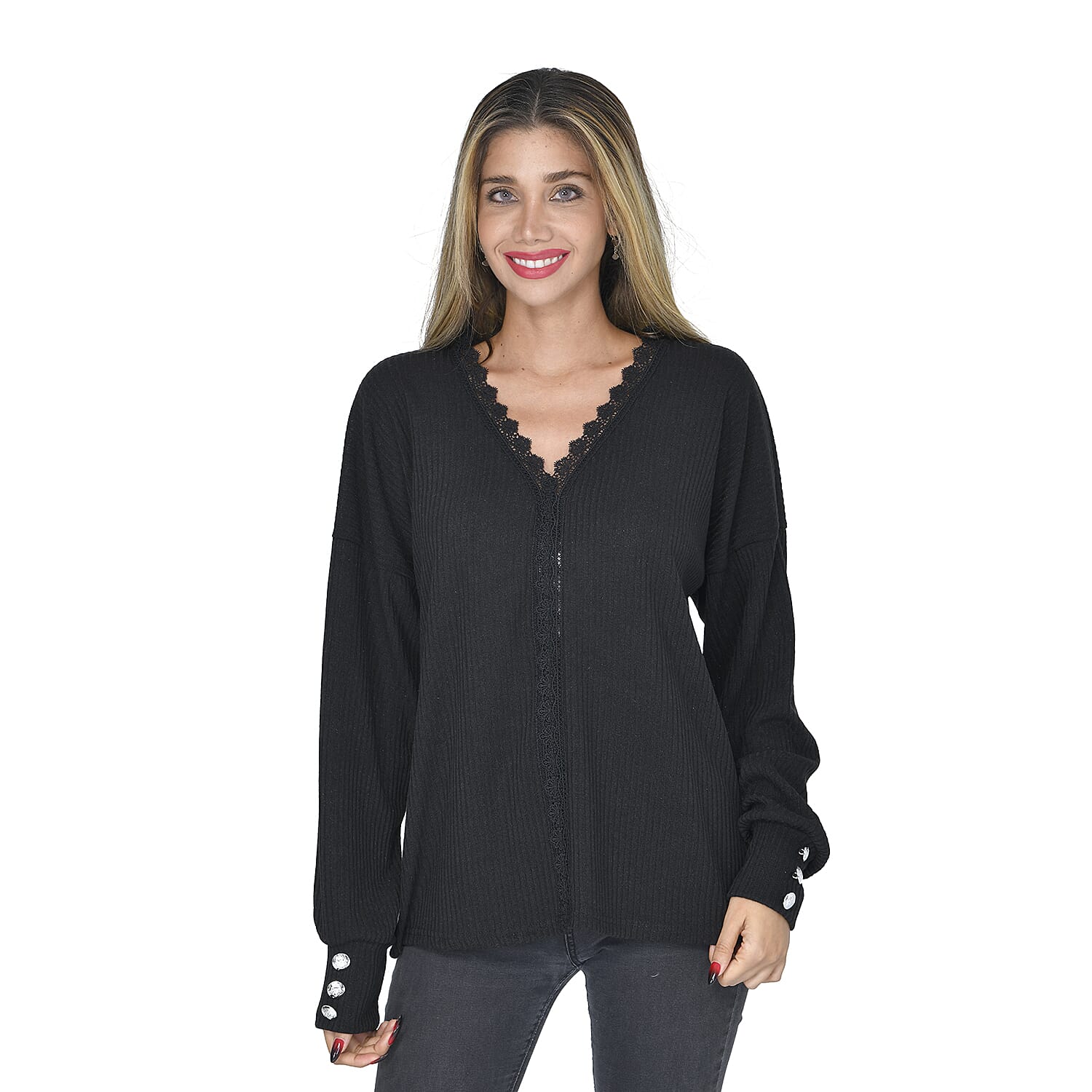 TAMSY Black 65% Cotton & 35% Polyester Lace V-Neck Sweater - L
