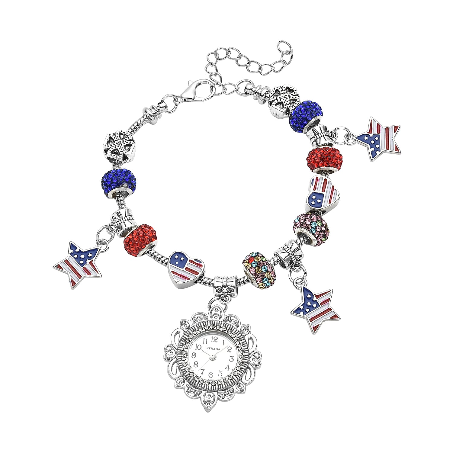 STRADA Multi Austrian Crystal Japanese Movement Adjustable Bracelet Watch with Strars Charm in Silvertone