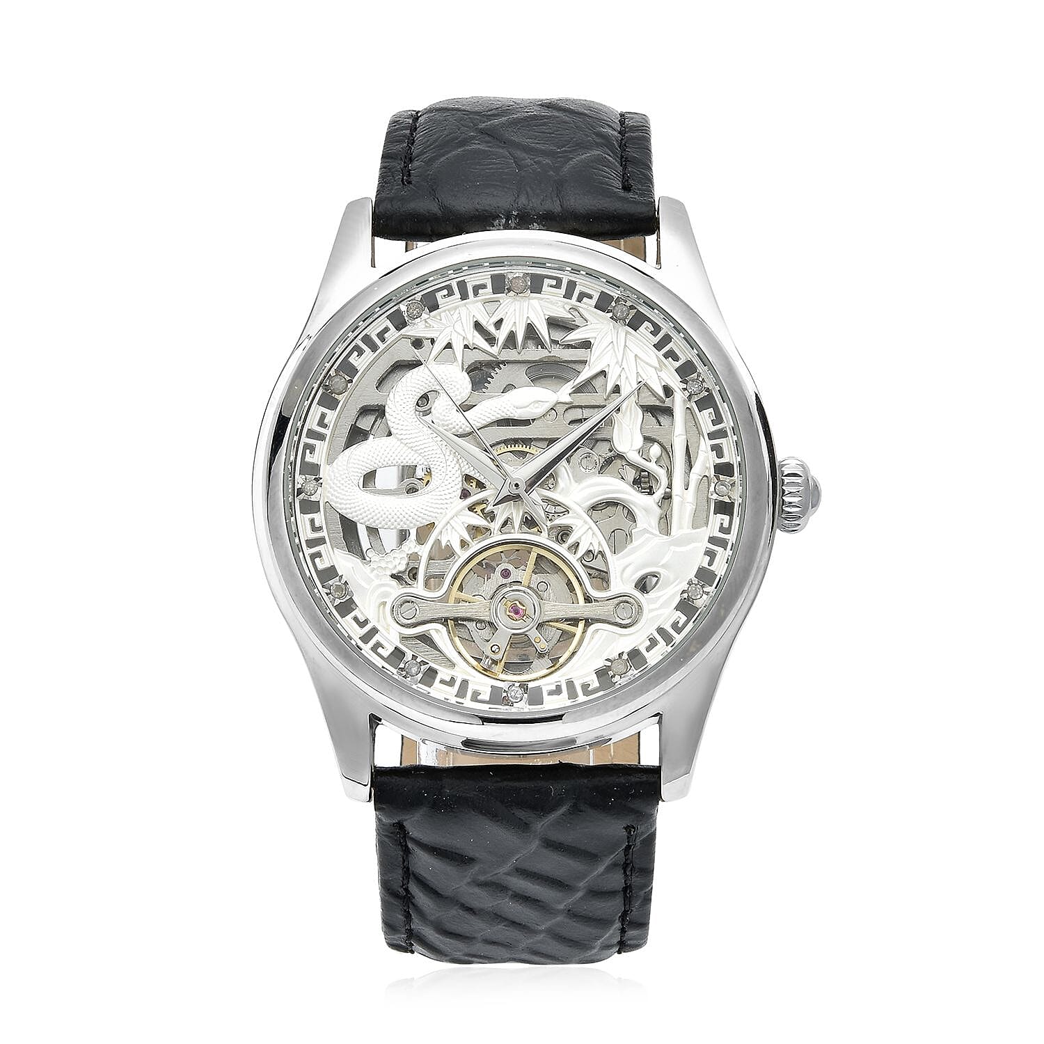 Genoa Diamond Automatic Mechanical Movement Horse Pattern Dial Watch with Black Genuine Leather (44mm) (7.75-9.0Inches) 0.10 ctw