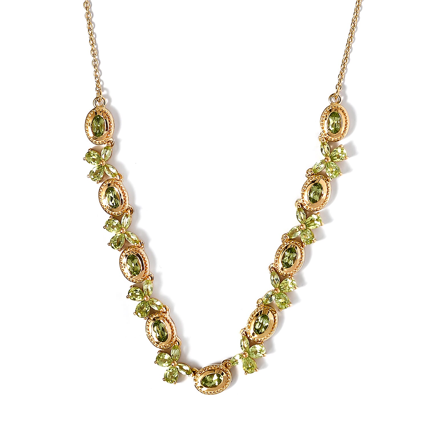 Arizona Peridot Floral Station Necklace 18 Inches in Vermeil Yellow Gold Over Sterling Silver 12.45 Grams 5.80 ctw