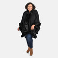 TAMSY Black Ruana with Faux Fur Trim - One Size Fits Most - Sticky add to cart bar