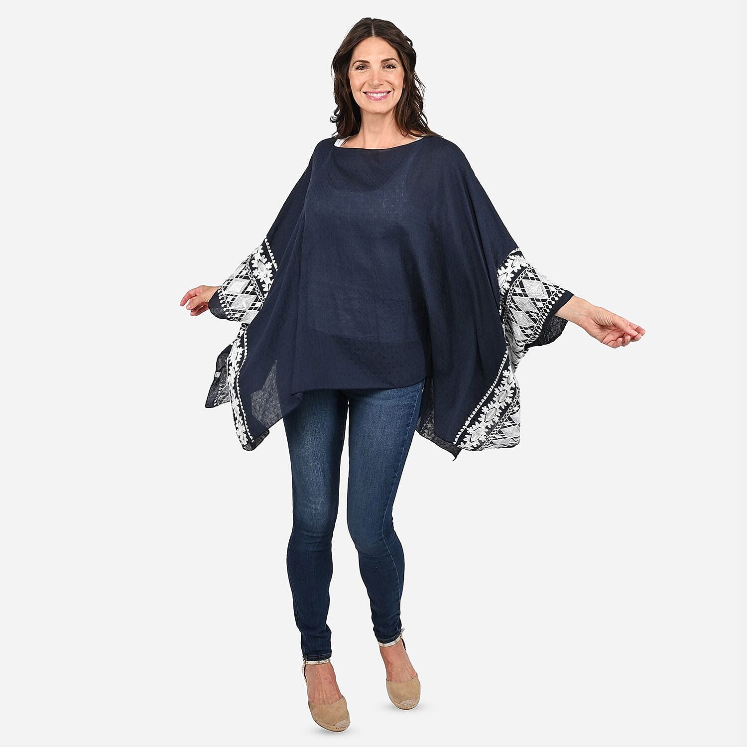 TAMSY Navy Boat Neck Embroidered Sleeve Kaftan - One Size Fits Most