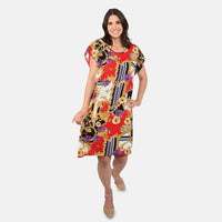 Tamsy Viscose Print Kaftan with Red and Gold Print (One Size Fit Most)