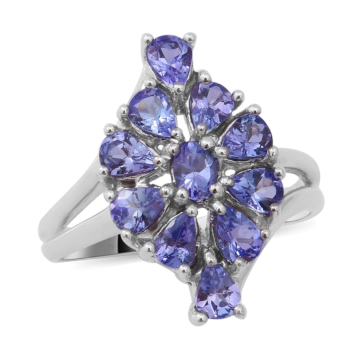 Tanzanite Floral Ring in Platinum Over Sterling Silver (Size 7.0) 1.75 ctw