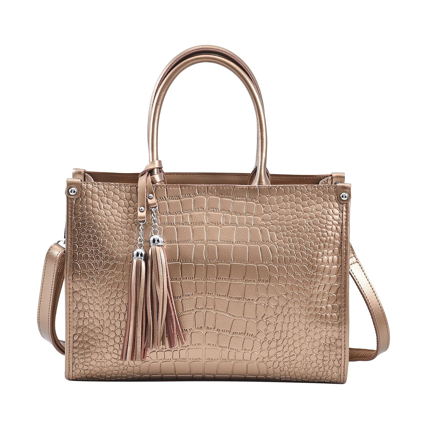 TLV Metallic Brown Crocodile Pattern Genuine Leather Convertible Tote Bag (13.38"x5.51"x9.84")