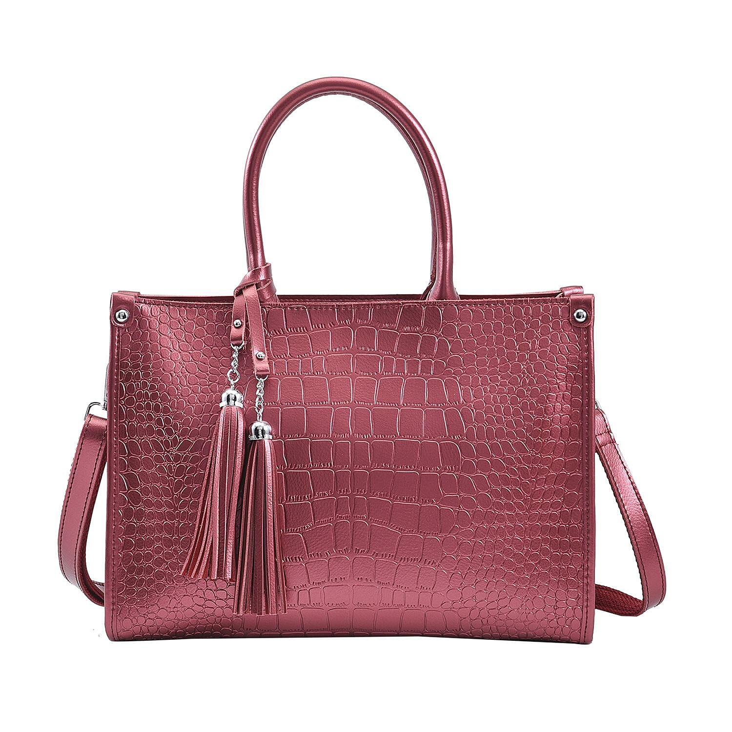 TLV Metallic Brown Crocodile Pattern Genuine Leather Convertible Tote Bag (13.38"x5.51"x9.84")